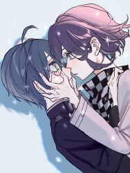 2boys ahoge black_hair black_jacket brown_eyes checkered_neckerchief danganronpa_(series) danganronpa_v3:_killing_harmony eye_contact flipped_hair from_side grey_background grey_jacket hair_between_eyes highres jacket long_sleeves looking_at_another male_focus miyama_shiki multiple_boys neckerchief oma_kokichi profile purple_hair saihara_shuichi short_hair simple_background tears