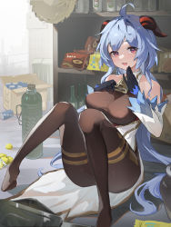 Rule 34 | 1girl, absurdres, ahoge, bare shoulders, bell, black gloves, blue hair, blush, bottle, box, breasts, brown pantyhose, detached sleeves, full body, ganyu (genshin impact), genshin impact, gloves, gold trim, hand on own chest, highres, horns, knees up, large breasts, long hair, looking at viewer, neck bell, no shoes, open mouth, pantyhose, purple eyes, sidelocks, sitting, smile, snack, solo, thighlet, thighs, waist cape, white sleeves, zombie ke