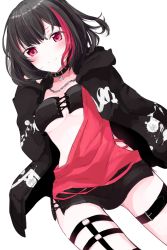 Rule 34 | 1girl, bang dream!, black bra, black choker, black hair, black jacket, black skirt, blush, bob cut, bra, breasts, chain, chain necklace, choker, cross-laced clothes, cross-laced top, hand up, jacket, jewelry, long sleeves, looking at viewer, miniskirt, mitake ran, multicolored hair, necklace, paint stains, red eyes, red hair, red shirt, shirt, short hair, simple background, skirt, small breasts, smile, solo, sotsunaku, splatter print, streaked hair, thigh strap, torn clothes, torn shirt, underwear, white background