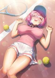 Rule 34 | 1girl, ball, blush, breasts, breath, chunithm, closed eyes, day, hair between eyes, hair ornament, heavy breathing, highres, hisasi, large breasts, light rays, low twintails, lying, on back, open mouth, outdoors, pink hair, racket, shirt, short sleeves, skirt, smile, solo, sportswear, sunbeam, sunlight, sweat, tennis, tennis ball, tennis racket, tennis uniform, tennouzu nazuna, twintails, visor cap