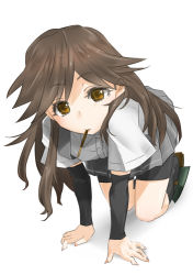 Rule 34 | 10s, 1girl, ajino (sakanahen), all fours, arashio (kancolle), bike shorts, black skirt, brown hair, dress shirt, food, kantai collection, long hair, looking at viewer, pleated skirt, pocky, shirt, short sleeves, simple background, skirt, solo, suspenders, white background, yellow eyes