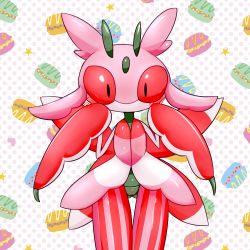 Rule 34 | 1girl, antennae, arthropod girl, black eyes, blush, colored sclera, cottontail, creatures (company), food, food focus, game freak, gen 7 pokemon, hands up, highres, looking at viewer, lurantis, macaroon, nintendo, no humans, no mouth, pink sclera, pinstripe pattern, pokemon, pokemon (creature), pokemon sm, pussy, shiny skin, solo, standing, star (symbol), striped, thigh gap, uncensored, white background