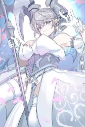Rule 34 | 1girl, breasts, cleavage, demon girl, demon horns, detached sleeves, dress, drill hair, duel monster, from below, gloves, grey eyes, grey hair, highres, holding, holding polearm, holding weapon, horns, itoama 030, large breasts, looking at viewer, lovely labrynth of the silver castle, petals, pointy ears, polearm, see-through, see-through skirt, skirt, slit pupils, solo, strapless, strapless dress, thighhighs, twin drills, weapon, white dress, white gloves, white thighhighs, yu-gi-oh!