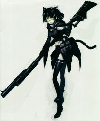 Rule 34 | 10s, 1girl, absurdres, animal ears, belt, black hair, black rock shooter, book, boots, cat ears, cat tail, demon cannon user, full body, glasses, green eyes, gun, highres, hood, hoodie, huge weapon, huke, jacket, non-web source, original, pale skin, rifle, short hair, simple background, smile, solo, tail, thighhighs, weapon, zettai ryouiki