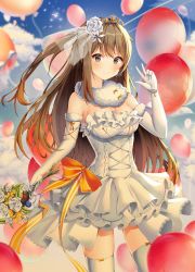 Rule 34 | 1girl, armlet, balloon, bare shoulders, blush, bouquet, bow, bracelet, breasts, bridal veil, bride, brown eyes, brown hair, cleavage, collarbone, dress, earrings, elbow gloves, flower, fur-trimmed gloves, fur trim, girls&#039; frontline, gloves, hair flower, hair ornament, hairclip, highres, holding, holding bouquet, jewelry, k2 (girls&#039; frontline), kotomaru (sirouko9511), light particles, long hair, looking at viewer, medium breasts, ribbon, rose, sidelocks, smile, solo, sparkle, strapless, strapless dress, thighhighs, tiara, veil, w, wedding dress, white dress, white flower, white gloves, white rose, white thighhighs