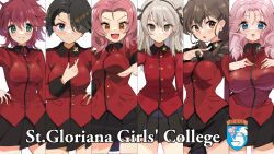 Rule 34 | 6+girls, absurdres, arm behind back, black hair, black ribbon, black skirt, blaze (blazeillust), blue eyes, braid, braided ponytail, breasts, brown eyes, brown hair, closed mouth, commentary request, cowboy shot, cranberry (girls und panzer), cup, earrings, emblem, english text, eyeliner, frown, girls und panzer, girls und panzer saishuushou, green eyes, hair ornament, hair over one eye, hair over shoulder, hair ribbon, hairclip, hand on own hip, hands on own chest, highres, holding, holding cup, holding own hair, jacket, jewelry, large breasts, light brown hair, long hair, long sleeves, looking at viewer, makeup, medium hair, messy hair, military uniform, miniskirt, multiple girls, odd one out, official alternate costume, one side up, open mouth, partial commentary, peach (girls und panzer), pink hair, pleated skirt, pointing, pointing at viewer, red hair, red jacket, ribbon, rosehip (girls und panzer), rukuriri (girls und panzer), shimada arisu, short hair, single braid, skirt, smile, spilling, spoilers, st. gloriana&#039;s (emblem), st. gloriana&#039;s military uniform, standing, tea, teacup, uniform, vanilla (girls und panzer), wavy hair