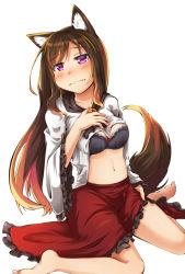 Rule 34 | 1girl, animal ears, barefoot, black bra, bra, breasts, brooch, brown hair, chickenman, cleavage, collarbone, commentary request, dress, embarrassed, imaizumi kagerou, jewelry, long hair, long sleeves, looking at viewer, medium breasts, navel, red eyes, simple background, sitting, solo, sweat, tail, touhou, underwear, wavy mouth, white background, wide sleeves, wolf ears, wolf tail
