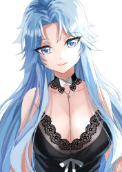 Rule 34 | 1girl, azur lane, babydoll, bare shoulders, black babydoll, blue eyes, blue hair, breasts, cleavage, detached collar, highres, large breasts, long hair, looking at viewer, masato (mstlp), official alternate costume, simple background, sleepwear, solo, sovetskaya belorussiya (azur lane), sovetskaya belorussiya (relaxation stratagem) (azur lane), upper body, white background