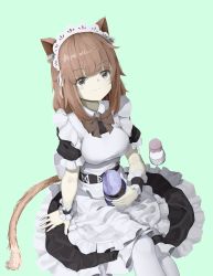 Rule 34 | 1girl, absurdres, apron, brown hair, cat girl, dress, grey eyes, highres, long hair, maid, maid apron, maid headdress, maidcode1023, original, pantyhose, simple background, solo, tail