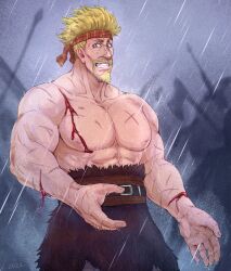 Rule 34 | 1boy, abs, absurdres, bara, battle, beckoning, belt, blonde hair, blood on body, daxratchet, facial hair, feet out of frame, goatee, grin, highres, large pectorals, long sideburns, looking at viewer, male focus, mature male, muscular, muscular male, mustache, nipples, outstretched hand, pectorals, planted, rain, scar, short hair, sideburns, smile, solo, standing, stomach, strongman waist, thick eyebrows, thorkell, topless male, viking, vinland saga, war