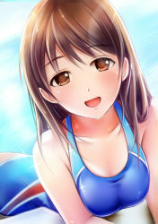 Rule 34 | 10s, 1girl, :d, blue one-piece swimsuit, breasts, brown eyes, brown hair, cleavage, competition swimsuit, idolmaster, idolmaster cinderella girls, idolmaster cinderella girls starlight stage, long hair, looking at viewer, nannacy7, nitta minami, one-piece swimsuit, open mouth, smile, solo, sparkle, swimsuit, upper body, water, wet