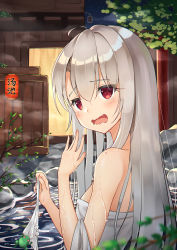 Rule 34 | 1girl, absurdres, bad id, bad pixiv id, bare shoulders, bath, blurry, blurry foreground, blush, bow, breasts, camera, commentary request, dot nose, embarrassed, eyelashes, fate/stay night, fate (series), frog, from side, hair between eyes, hand up, heart, heart-shaped pupils, highres, holding, holding clothes, holding panties, holding underwear, illyasviel von einzbern, lantern, long hair, looking at viewer, naked towel, night, onsen, open mouth, panties, unworn panties, red eyes, rinne (buye rinne), security camera, sidelocks, small breasts, solo, standing, star (sky), steam, symbol-shaped pupils, tears, towel, tree, underwear, upper body, wading, water, wavy mouth, wet, white hair, white panties