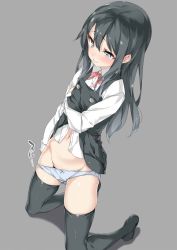 Rule 34 | 10s, 1girl, asashio (kancolle), bad id, bad twitter id, belt, black hair, black thighhighs, blue eyes, blue panties, blush, bow, bow panties, buttons, closed mouth, clothes lift, collared shirt, dress, dress lift, ebifurya, eyebrows, full body, grey background, groin, hair between eyes, highres, inactive account, kantai collection, kneeling, long hair, long sleeves, looking down, navel, neck ribbon, no shoes, panties, panty pull, pinafore dress, red ribbon, ribbon, saliva, shadow, shirt, simple background, skindentation, skirt, skirt lift, sleeveless, sleeveless dress, solo, stomach, tears, thighhighs, torogao, underwear, white panties, white shirt