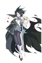 Rule 34 | 1boy, black cape, black hair, buttons, cape, demon boy, disgaea, disgaea rpg, fingernails, formal, full body, harada takehito, looking at viewer, male focus, official art, petals, pointy ears, red eyes, rose petals, shoes, smile, solo, sword, transparent background, valvatorez (disgaea), vampire, weapon