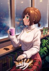 Rule 34 | 1girl, animal, blush, book, brown hair, cat, closed mouth, coffee mug, commentary request, cup, green eyes, hair ornament, hairclip, highres, holding, holding cup, idolmaster, idolmaster cinderella girls, jewelry, kurageso, long sleeves, looking away, looking to the side, low ponytail, maekawa miku, mug, necklace, petting, plant, short hair, short ponytail, sidelocks, sitting, smile, solo, steam, sweater, turtleneck, turtleneck sweater, white sweater, window, windowsill