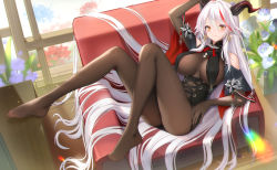 Rule 34 | 1girl, absurdres, aegir (azur lane), azur lane, black cape, black pantyhose, bodystocking, breast curtain, breast curtains, breasts, cape, demon horns, elbow gloves, feet, gloves, highres, hong bai, horns, large breasts, legs, looking at viewer, mechanical horns, multicolored hair, no shoes, pantyhose, red hair, revealing clothes, soles, streaked hair, thighs, toes, white hair, yellow eyes