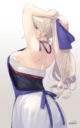 Rule 34 | adjusting hair, apron, aqua eyes, armpits, blonde hair, blue apron, blue eyes, blue ribbon, breasts, dress, from behind, fuwafuwatoufu, gradient background, grey background, hair ribbon, highres, kantai collection, large breasts, long hair, mole, mole under eye, ponytail, ribbon, richelieu (kancolle), sideboob, strapless, strapless dress, two-tone dress