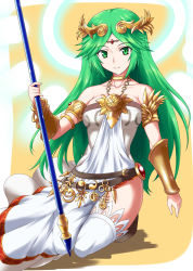 Rule 34 | 1girl, armlet, breasts, choker, crown, gauntlets, gold, green eyes, green hair, highres, jewelry, kid icarus, kid icarus uprising, long hair, lots of jewelry, matching hair/eyes, neck ring, necklace, nintendo, nishiumi yuuta, palutena, small breasts, smile, solo, staff, thighhighs, thighs
