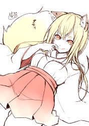 Rule 34 | 1girl, animal ear fluff, animal ears, blonde hair, breasts, chita (ketchup), closed mouth, dutch angle, fox ears, fox girl, fox tail, hair between eyes, hand up, japanese clothes, kimono, licking lips, long hair, long sleeves, medium breasts, original, pleated skirt, red skirt, short eyebrows, signature, simple background, skirt, solo, tail, tail raised, thick eyebrows, tongue, tongue out, white background, white kimono, wide sleeves