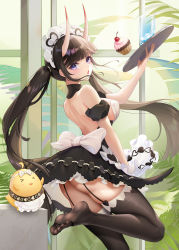Rule 34 | 1girl, ass, azur lane, backless dress, backless outfit, blue eyes, blunt bangs, brown thighhighs, cupcake, dress, feet, food, garter straps, highres, horns, liu liaoliao, long hair, looking at viewer, maid, maid headdress, manjuu (azur lane), noshiro (azur lane), noshiro (hold the ice) (azur lane), oni horns, open mouth, plate, purple eyes, see-through, see-through legwear, soles, solo, standing, standing on one leg, thighhighs, toes, tray, twintails, very long hair