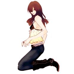 Rule 34 | 1girl, bad id, bad pixiv id, belt, black nails, boots, brown hair, denim, fashion, hair over one eye, igatz, jeans, jewelry, kneeling, lingerie, long hair, nail polish, negligee, pants, pants tucked in, ring, solo, studded belt, takenaka, underwear
