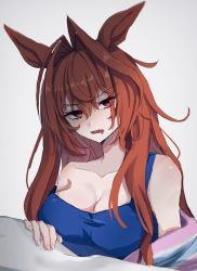 Rule 34 | 1girl, animal ears, bare shoulders, bed, bed sheet, blue shirt, breasts, cleavage, daiwa scarlet (umamusume), hide oo, highres, horse ears, horse girl, large breasts, long hair, looking at viewer, messy hair, open mouth, shirt, simple background, sleeveless, sleeveless shirt, solo, umamusume, waking up, white background