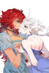 Rule 34 | 2girls, absurdres, back, bare arms, belletaku, blue choker, blue dress, blue eyes, choker, closed mouth, dress, earrings, eye contact, grey eyes, gundam, gundam suisei no majo, highres, holding hands, interlocked fingers, jewelry, long hair, looking at another, miorine rembran, multiple girls, parted lips, red hair, short sleeves, simple background, smile, strapless, strapless dress, suletta mercury, thick eyebrows, upper body, white background, white hair, yuri