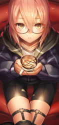 Rule 34 | 1girl, artoria pendragon (all), artoria pendragon (fate), bike shorts, black-framed eyewear, black shorts, black thighhighs, blonde hair, coffee, cowboy shot, cup, eyelashes, fate/grand order, fate (series), from above, glasses, holding, holding cup, hood, hood down, hooded jacket, jacket, long sleeves, looking at viewer, mysterious heroine x alter (fate), mysterious heroine x alter (second ascension) (fate), no scarf, parted lips, plaid, saber (fate), school uniform, semi-rimless eyewear, shorts, sitting, solo, spill, steam, suggestive fluid, tef, thigh gap, thigh strap, thighhighs, under-rim eyewear, v-neck, yellow eyes, zipper