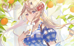 Rule 34 | 1girl, absurdres, bare shoulders, blonde hair, blue shirt, collarbone, commentary, envelope, food, fruit, hair between eyes, hand up, highres, holding, holding envelope, long hair, looking at viewer, low twintails, off-shoulder shirt, off shoulder, orange (fruit), original, plaid, plaid shirt, puffy short sleeves, puffy sleeves, purple eyes, shirt, short sleeves, sirom, solo, twintails, upper body, very long hair