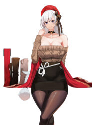 Rule 34 | 1girl, absurdres, aran sweater, azur lane, bare shoulders, belfast (azur lane), belfast (shopping with the head maid) (azur lane), beret, black bow, black choker, black skirt, bow, breasts, brown pantyhose, brown sweater, cable knit, choker, cleavage, collarbone, commentary request, earrings, feet out of frame, h0shiidesu, hair bow, hand up, hat, highres, jewelry, large breasts, long hair, long sleeves, looking at viewer, off-shoulder sweater, off shoulder, pantyhose, pencil skirt, purple eyes, red hat, simple background, skirt, smile, solo, sweater, thighs, very long hair, white background, white hair