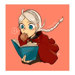 Rule 34 | ahoge, birdkars, blue eyes, book, braid, bread, capelet, fire emblem, fire emblem fates, fire emblem heroes, food, food in mouth, hairband, highres, holding, holding book, hood, hood down, hooded capelet, low twin braids, low twintails, nina (fire emblem), nintendo, parted bangs, reading, red capelet, twin braids, twintails