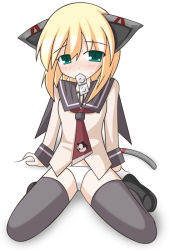Rule 34 | 1girl, aircraft, airplane, animal ears, arm support, black thighhighs, blonde hair, blush, bottomless, cameo, cat ears, cat tail, condom, condom in mouth, condom packet strip, condom wrapper, f-14, felix the cat, felix the cat (character), g-774, green eyes, jet, mecha musume, military, mouth hold, necktie, no pants, original, panties, school uniform, serafuku, short hair, sitting, solo, sukezaemon (stainless night), tail, thighhighs, underwear, white panties