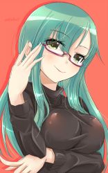 Rule 34 | 10s, 1girl, bespectacled, breast lift, breasts, eyebrows, eyes visible through hair, glasses, kantai collection, large breasts, long hair, long sleeves, looking at viewer, lzd, nail polish, red background, semi-rimless eyewear, smile, solo, suzuya (kancolle), sweater, under-rim eyewear, upper body, yellow eyes