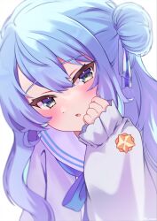 Rule 34 | 1girl, absurdres, blue bow, blue bowtie, blue eyes, blue hair, blush, bow, bowtie, cardigan, commentary, double-parted bangs, embarrassed, grey cardigan, hair between eyes, hair bun, hair ribbon, hand up, highres, hololive, hoshimachi suisei, hoshimachi suisei (school uniform), long hair, looking at viewer, official alternate costume, official alternate hairstyle, open mouth, ribbon, roa (roaru), sailor collar, school uniform, serafuku, side up bun, simple background, single side bun, solo, star (symbol), star in eye, symbol-only commentary, symbol in eye, upper body, virtual youtuber, white background, white sailor collar, white serafuku