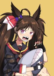 Rule 34 | 1girl, ahoge, animal ears, arm belt, black gloves, black nails, black sailor collar, bow, brown hair, brown hairband, commentary, dream journey (racehorse), ear bow, fingerless gloves, fukuro (maruaru00), genderswap, genderswap (mtf), gloves, hair bow, hair ornament, hairband, headgear, highres, horse ears, horse girl, long hair, long sleeves, looking at viewer, messy hair, neckerchief, hugging object, open mouth, original, personification, purple bow, red bow, red neckerchief, sailor collar, sharp teeth, solo, star (symbol), star hair ornament, stuffed animal, stuffed shark, stuffed toy, teeth, twintails, two-tone sailor collar, umamusume, upper body, yellow background, yellow sailor collar