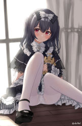 Rule 34 | 1girl, black dress, blue hair, blush, breasts, dress, eluthel, gothic lolita, highres, idolmaster, idolmaster shiny colors, knees up, lolita fashion, looking at viewer, morino rinze, panties, panties under pantyhose, pantyhose, red eyes, short hair, sitting, small breasts, solo, straw doll, underwear, white panties, white pantyhose