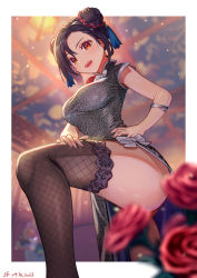 Rule 34 | 1girl, animal print, black hair, blurry, blurry background, border, breasts, china dress, chinese clothes, corsage, dated, depth of field, double bun, dress, final fantasy, final fantasy vii, final fantasy vii remake, fishnet thighhighs, fishnets, flower, grey dress, hair bun, hair ornament, hand on own hip, highres, lace, lace-trimmed legwear, lace trim, large breasts, leopard print, looking at viewer, official alternate costume, open mouth, red eyes, red flower, red rose, rose, sakumichi, scrunchie, short sleeves, solo, square enix, tassel, tassel hair ornament, teeth, thighhighs, thighs, tifa lockhart, tifa lockhart (sporty dress), upper teeth only, wall market, white border