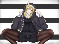 Rule 34 | 1boy, absurdres, artist request, bike shorts, blonde hair, blush, bridget (guilty gear), brown eyes, bulge, double v, fingerless gloves, gloves, guilty gear, guilty gear strive, highres, long hair, looking at viewer, male focus, pantyhose, shorts, smile, solo, spread legs, squatting, trap, v