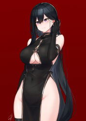 Rule 34 | 1girl, arm at side, bare shoulders, black dress, black gloves, black hair, blush, breasts, china dress, chinese clothes, cleavage, cleavage cutout, closed mouth, clothing cutout, commentary request, covered navel, cowboy shot, dress, earrings, elbow gloves, gloves, groin, hayabusa (vert 320), highres, jewelry, large breasts, long hair, looking away, looking down, mole, mole under eye, no panties, original, pelvic curtain, purple eyes, red background, signature, simple background, solo, straight hair, thigh strap, thighs, tucking hair, very long hair
