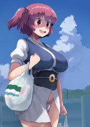 Rule 34 | 1girl, bag, black sash, blue sky, blush, breasts, cloud, coin, coin on string, commentary request, cookie (touhou), cowboy shot, day, drooling, fuka (kantoku), fundoshi, hair bobbles, hair ornament, highres, holding, holding bag, holed coin, japanese clothes, large breasts, no pants, obi, onozuka komachi, open mouth, outdoors, power lines, puffy short sleeves, puffy sleeves, red eyes, red hair, sash, shaded face, shishou (cookie), shopping bag, short hair, short sleeves, sky, solo, touhou, two side up