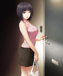 Rule 34 | 1girl, ass, bag, bare shoulders, black eyes, black hair, breasts, door, highres, huge breasts, key, keyring, legs, looking at viewer, open mouth, pink poison, short hair, skirt, solo, standing, thighs