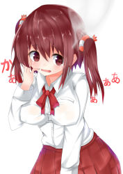 Rule 34 | 10s, 1girl, blush, breasts, brown eyes, brown hair, dress shirt, ebina nana, female focus, hand on own cheek, hand on own face, hidaka0503, highres, himouto! umaru-chan, large breasts, long hair, open mouth, school uniform, shirt, simple background, skirt, smoke, solo, tears, twintails, wavy mouth