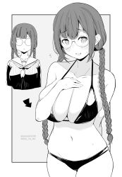Rule 34 | 1girl, arm behind back, arrow (symbol), bikini, blush, braid, breasts, collarbone, commentary request, dated, glasses, grey background, greyscale, hand on own chest, highres, kichihachi, large breasts, looking at viewer, monochrome, navel, opaque glasses, original, round eyewear, school uniform, serafuku, sweat, swimsuit, twin braids, twitter username, two-tone background, white background