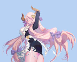 Rule 34 | 1girl, apron, arm up, ass, black sweater, blue background, blue eyes, bow, breasts, cowboy shot, draph, dress, floating hair, frilled apron, frills, from below, from side, gatan, granblue fantasy, hair bow, hair ornament, hair over one eye, heart, heart hair ornament, highres, horns, korean commentary, large breasts, long hair, long sleeves, looking at viewer, looking down, looking to the side, low-tied long hair, narmaya (granblue fantasy), narmaya (valentine) (granblue fantasy), one eye covered, pencil dress, pink hair, pointy ears, purple hair, ribbed sweater, short dress, simple background, smile, solo, sweater, sweater dress, very long hair, waist apron, white apron