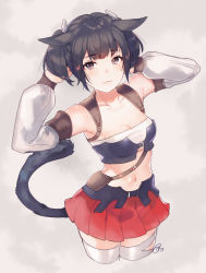Rule 34 | 10s, 1girl, :3, animal ears, armpits, arms behind head, arms up, bag, bandeau, belt, belt buckle, black hair, blush, breasts, brown eyes, buckle, cat ears, cat tail, cleavage, closed mouth, collarbone, cropped legs, detached sleeves, final fantasy, final fantasy xiv, grey background, long sleeves, medium breasts, miqo&#039;te, nagu, navel, pink lips, pleated skirt, red skirt, satchel, short hair, signature, simple background, skirt, solo, standing, stomach, strapless, tail, tareme, thighhighs, two side up, warrior of light (ff14), white thighhighs, zettai ryouiki
