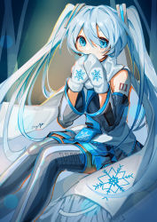 Rule 34 | 1girl, absurdres, bare shoulders, blouse, blue eyes, blue hair, blue necktie, blurry, bokeh, boots, covering own mouth, depth of field, detached sleeves, feet out of frame, hair ornament, hands over own mouth, hands up, hatsune miku, headset, highres, light blue hair, long hair, looking at viewer, miniskirt, mittens, myuga66666, necktie, own hands together, pleated skirt, scarf, shiny clothes, shirt, shoulder tattoo, signature, silver legwear, silver sleeves, sitting, skirt, snowflake print, solo, tattoo, thigh boots, thighhighs, twintails, very long hair, vocaloid, white mittens, white scarf, white shirt, yuki miku, yuki miku (2011)