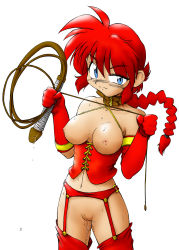 Rule 34 | 1girl, artist request, braid, breasts, cleft of venus, collarbone, corset, dildo, dominatrix, elbow gloves, female focus, garter belt, gender request, genderswap, gloves, highres, holding, medium breasts, navel, nipples, nude, pussy, pussy juice, ranma-chan, ranma 1/2, red gloves, red hair, red thighhighs, saotome ranma, sex toy, simple background, solo, standing, sweat, thighhighs, uncensored, whip, white background