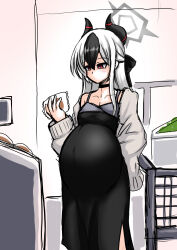 Rule 34 | 1girl, anago nia, big belly, black bow, black dress, black hair, black horns, blue archive, blush, bow, brown jacket, commentary request, dress, food, grey halo, hair between eyes, hair bow, halo, highres, holding, holding food, horns, jacket, kayoko (blue archive), kayoko (dress) (blue archive), long hair, multicolored hair, pregnant, red eyes, shopping cart, solo, supermarket, two-tone hair, white hair