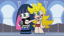 Rule 34 | 10s, 2girls, animated, animated gif, blonde hair, blue eyes, blue hair, chibi, courage the cowardly dog, dress, katz, multicolored hair, multiple girls, panty &amp; stocking with garterbelt, panty (psg), peekaboo, standing, stocking (psg), striped clothes, striped legwear, striped thighhighs, stuffed animal, stuffed toy, thighhighs