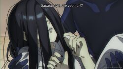 Rule 34 | 1girl, 1other, artist name, black hair, black nails, carrying, cioccolatodorima, covered eyes, english text, hair over eyes, highres, long bangs, meme, parted lips, princess carry, solo focus, subtitled, the ring, watching the ring video on this so when the girl comes out she breaks her neck (meme), watermark, yamamura sadako